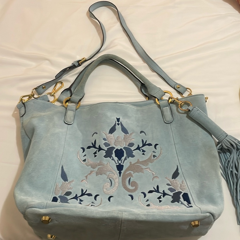 G.I.L.I. Got It Love It Large Pale Blue Embroidered Suede Shoulder Bag EUC